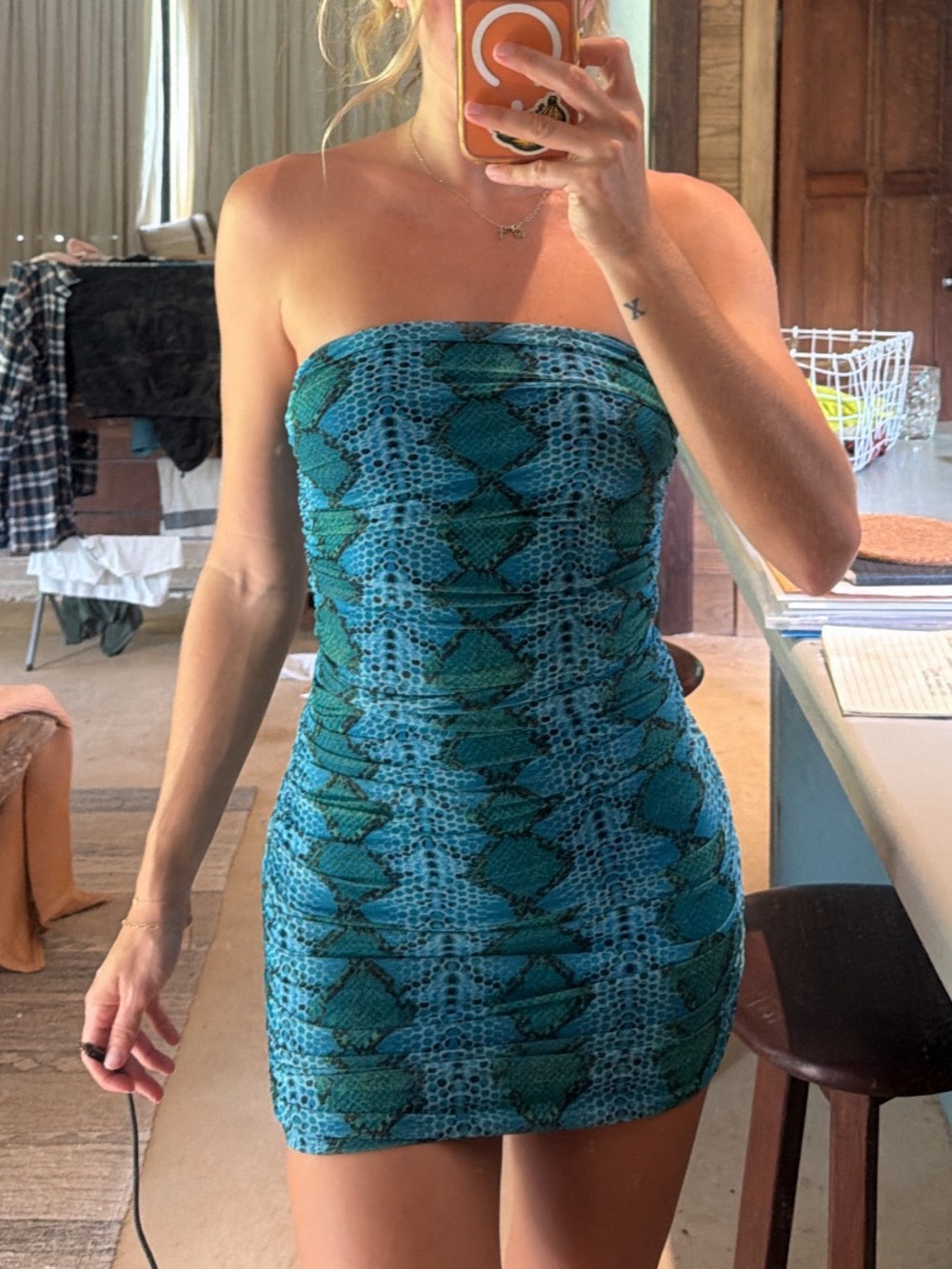 Strapless Green Snake-Print Bodycon Mini Dress